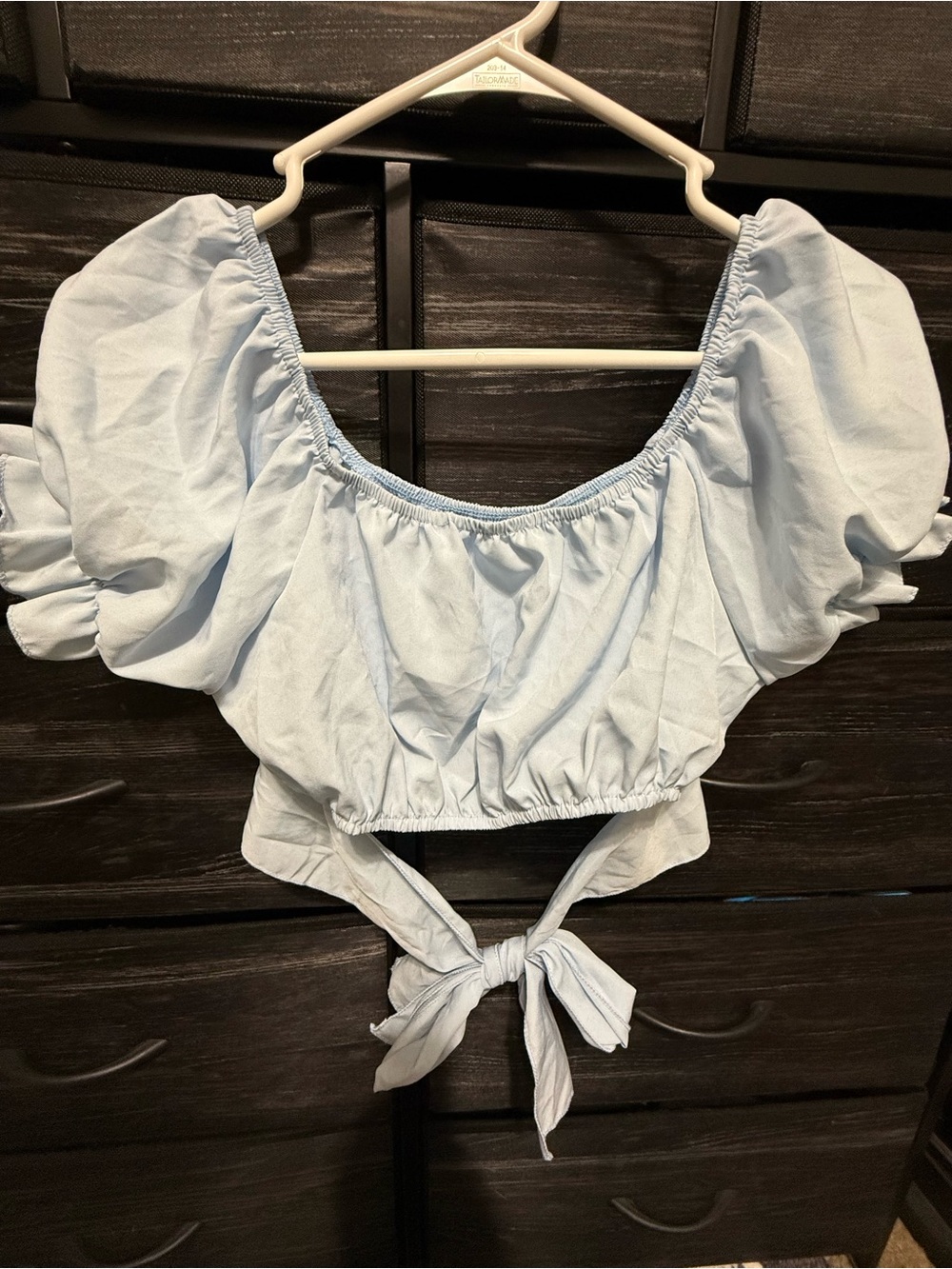 Women’s Light Blue Puff Sleeve Tie-Back Crop Top
